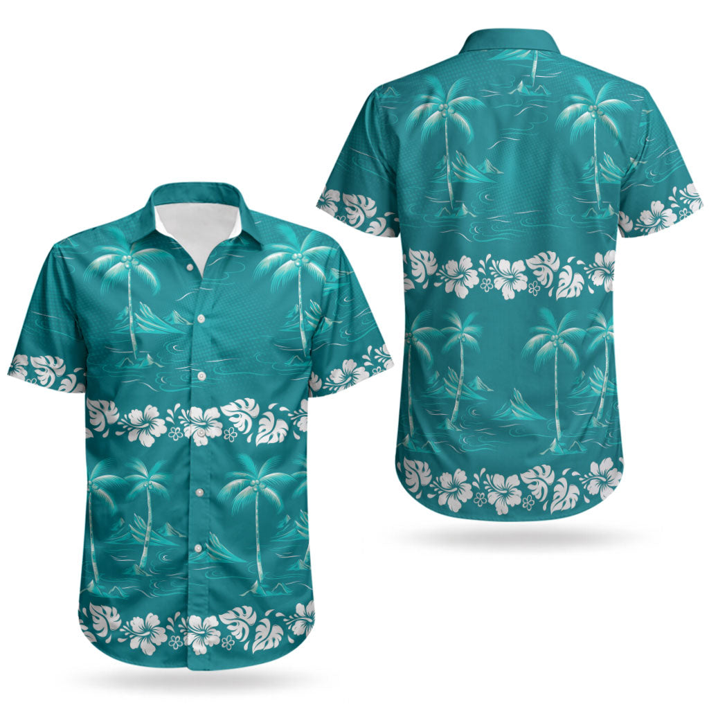 Cyan Hawaii Palm Tree Hibiscus Couples Matching Off Shoulder Maxi Dress and Hawaiian Shirt Fantasy Summer Vibe LT01 - Polynesian Pride