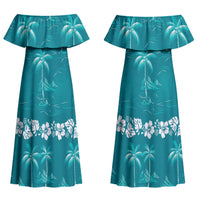 Cyan Hawaii Palm Tree Hibiscus Couples Matching Off Shoulder Maxi Dress and Hawaiian Shirt Fantasy Summer Vibe LT01 - Polynesian Pride