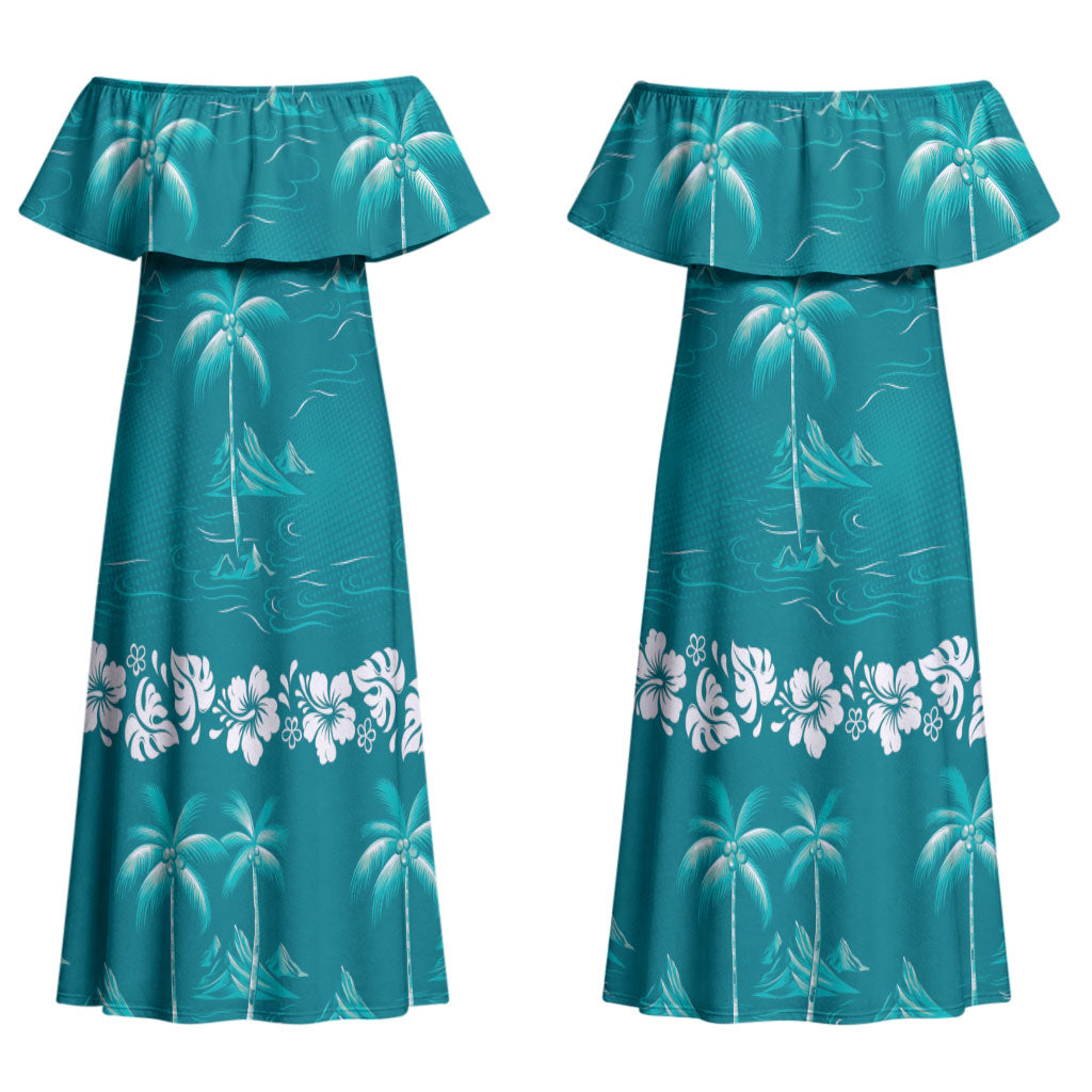 Cyan Hawaii Palm Tree Hibiscus Couples Matching Off Shoulder Maxi Dress and Long Sleeve Button Shirt Fantasy Summer Vibe LT01 - Polynesian Pride