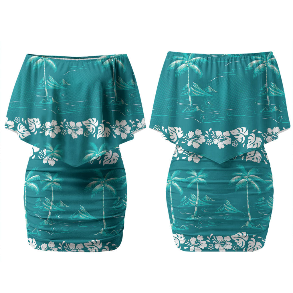 Cyan Hawaii Palm Tree Hibiscus Couples Matching Off Shoulder Short Dress and Hawaiian Shirt Fantasy Summer Vibe LT01 - Polynesian Pride