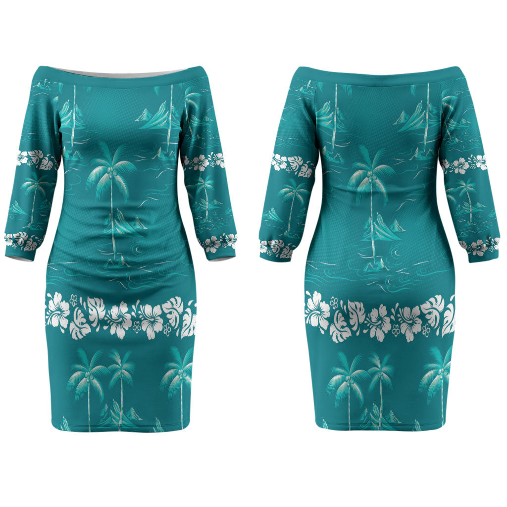 Cyan Hawaii Palm Tree Hibiscus Couples Matching Off The Shoulder Long Sleeve Dress and Long Sleeve Button Shirt Fantasy Summer Vibe LT01 - Polynesian Pride