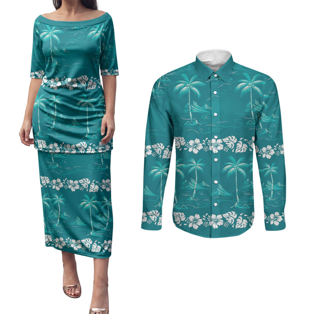Cyan Hawaii Palm Tree Hibiscus Couples Matching Puletasi and Long Sleeve Button Shirt Fantasy Summer Vibe