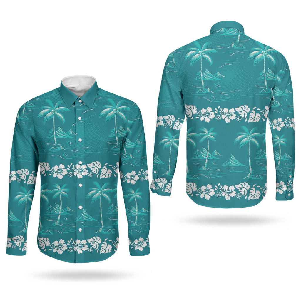 Cyan Hawaii Palm Tree Hibiscus Couples Matching Puletasi and Long Sleeve Button Shirt Fantasy Summer Vibe