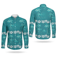 Cyan Hawaii Palm Tree Hibiscus Couples Matching Puletasi and Long Sleeve Button Shirt Fantasy Summer Vibe