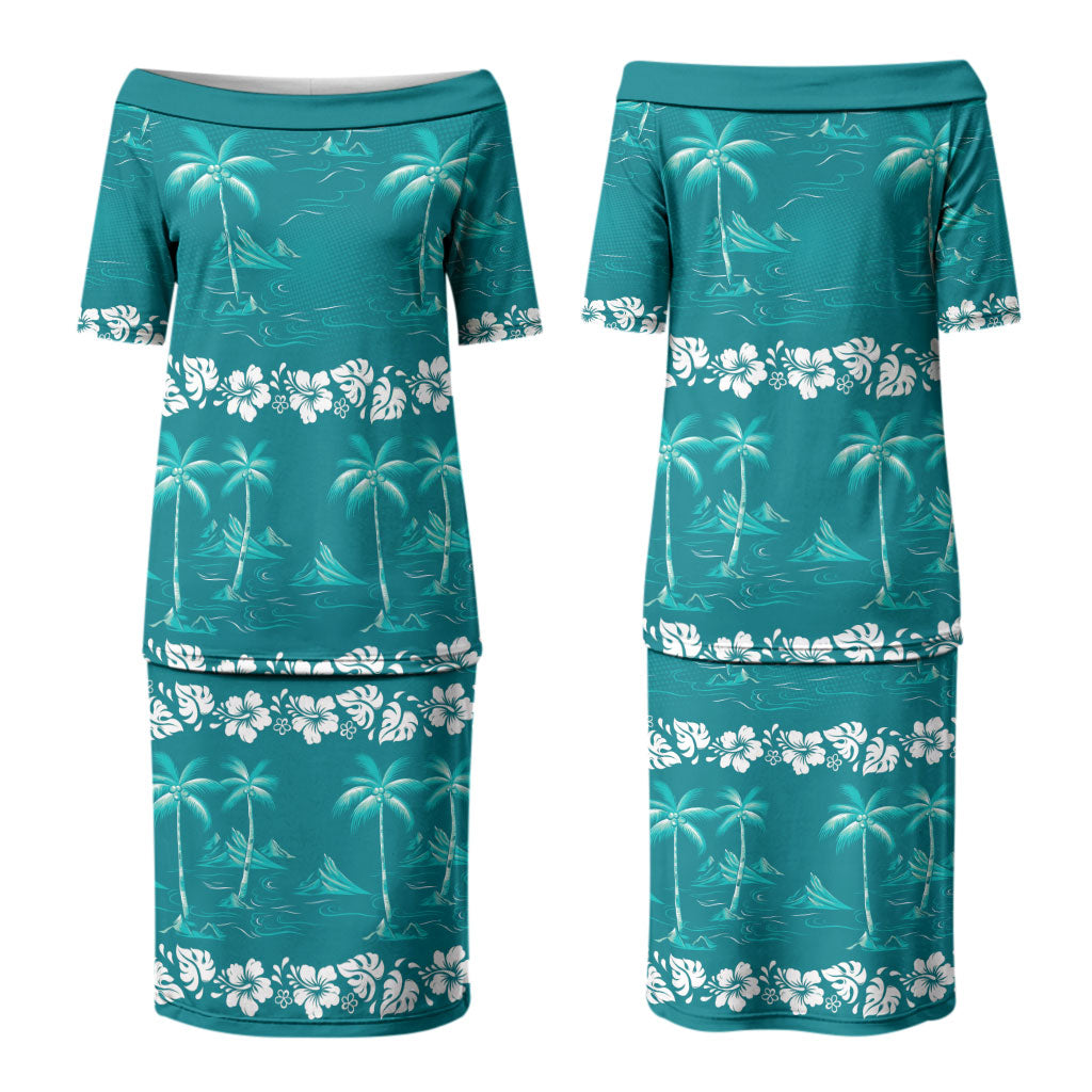 Cyan Hawaii Palm Tree Hibiscus Couples Matching Puletasi and Long Sleeve Button Shirt Fantasy Summer Vibe