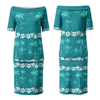 Cyan Hawaii Palm Tree Hibiscus Couples Matching Puletasi and Long Sleeve Button Shirt Fantasy Summer Vibe