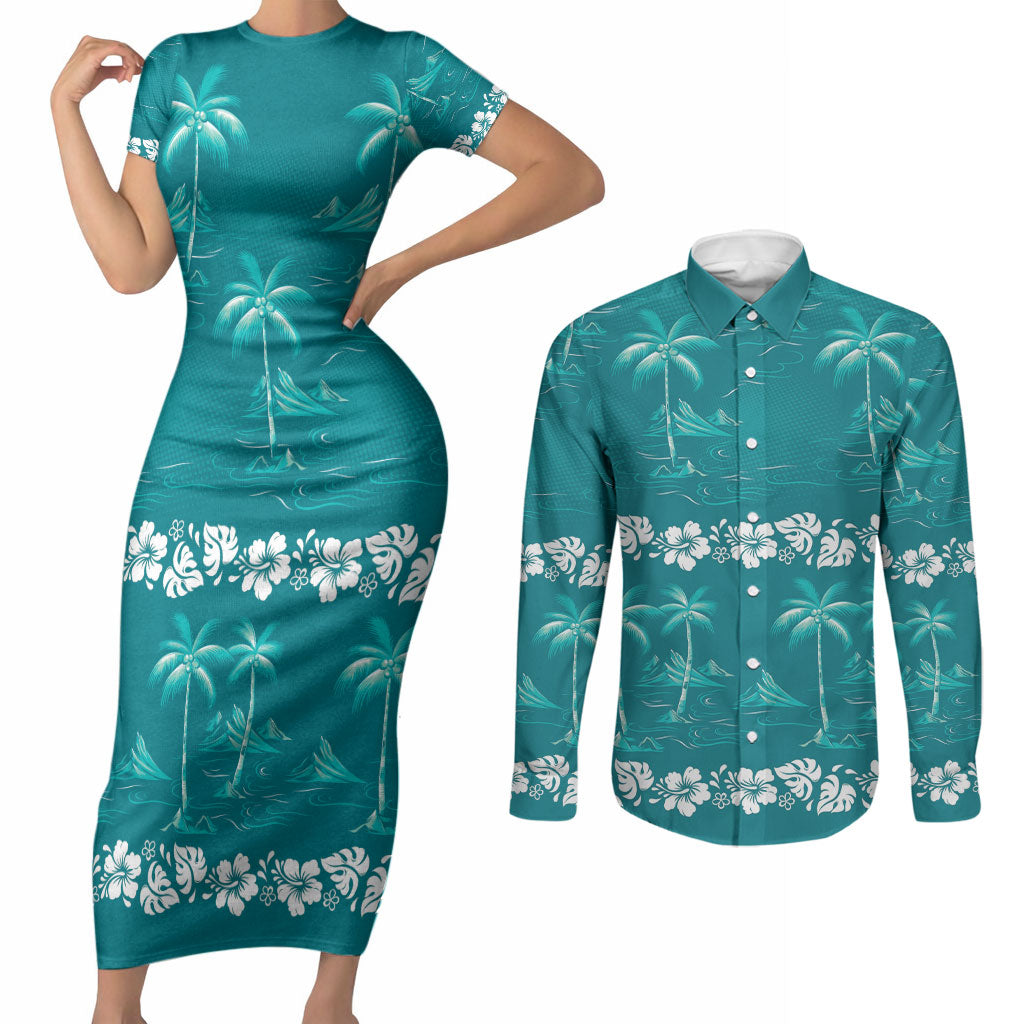 Cyan Hawaii Palm Tree Hibiscus Couples Matching Short Sleeve Bodycon Dress and Long Sleeve Button Shirt Fantasy Summer Vibe LT01 Cyan - Polynesian Pride