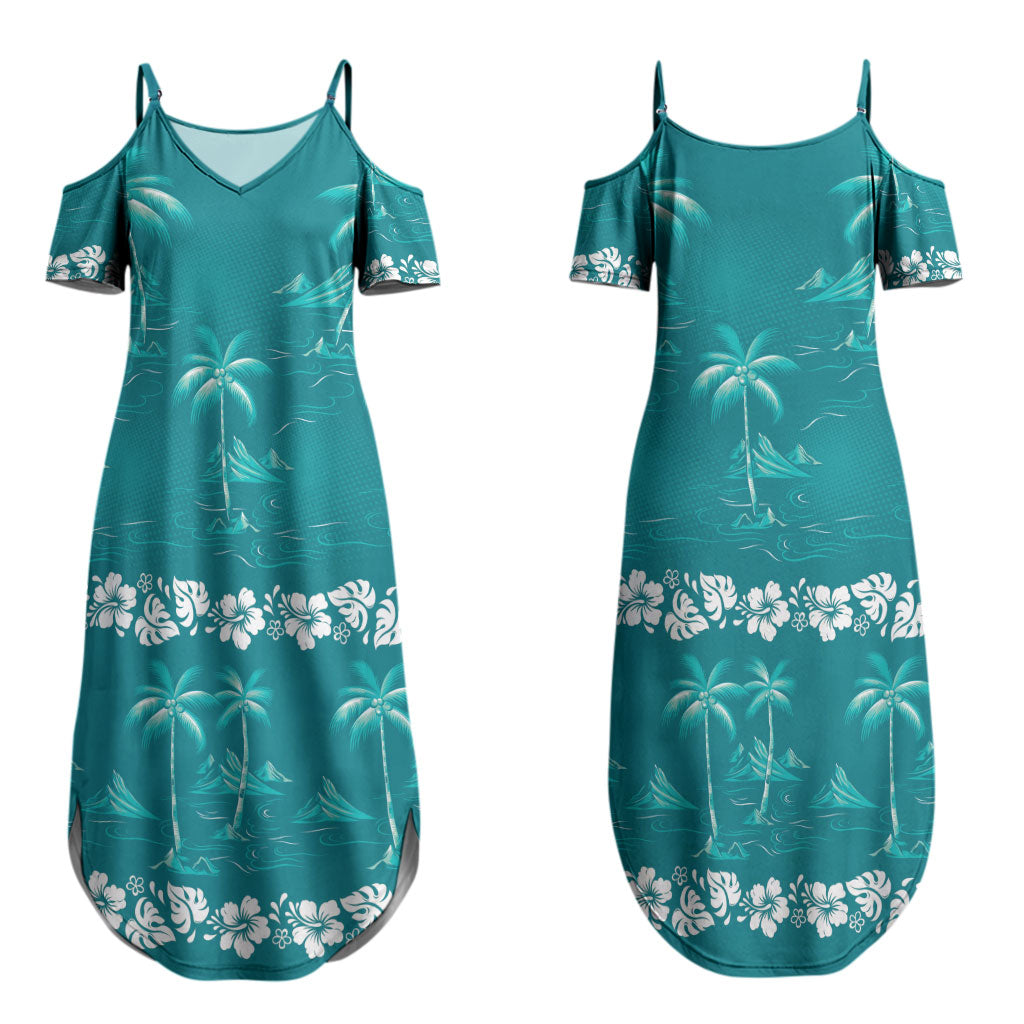 Cyan Hawaii Palm Tree Hibiscus Couples Matching Summer Maxi Dress and Long Sleeve Button Shirt Fantasy Summer Vibe LT01 - Polynesian Pride