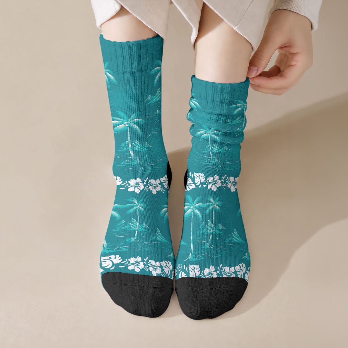 Cyan Hawaii Palm Tree Hibiscus Crew Socks Fantasy Summer Vibe