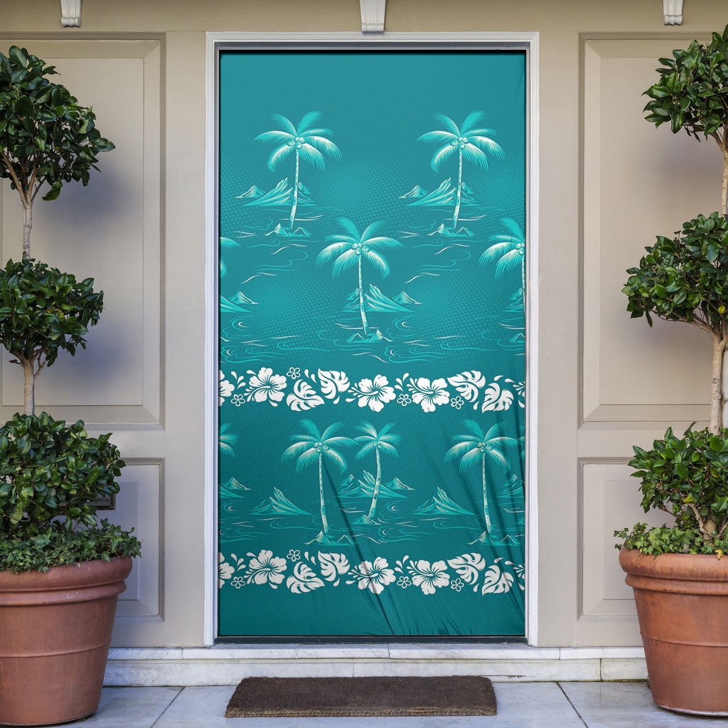 Cyan Hawaii Palm Tree Hibiscus Door Cover Fantasy Summer Vibe