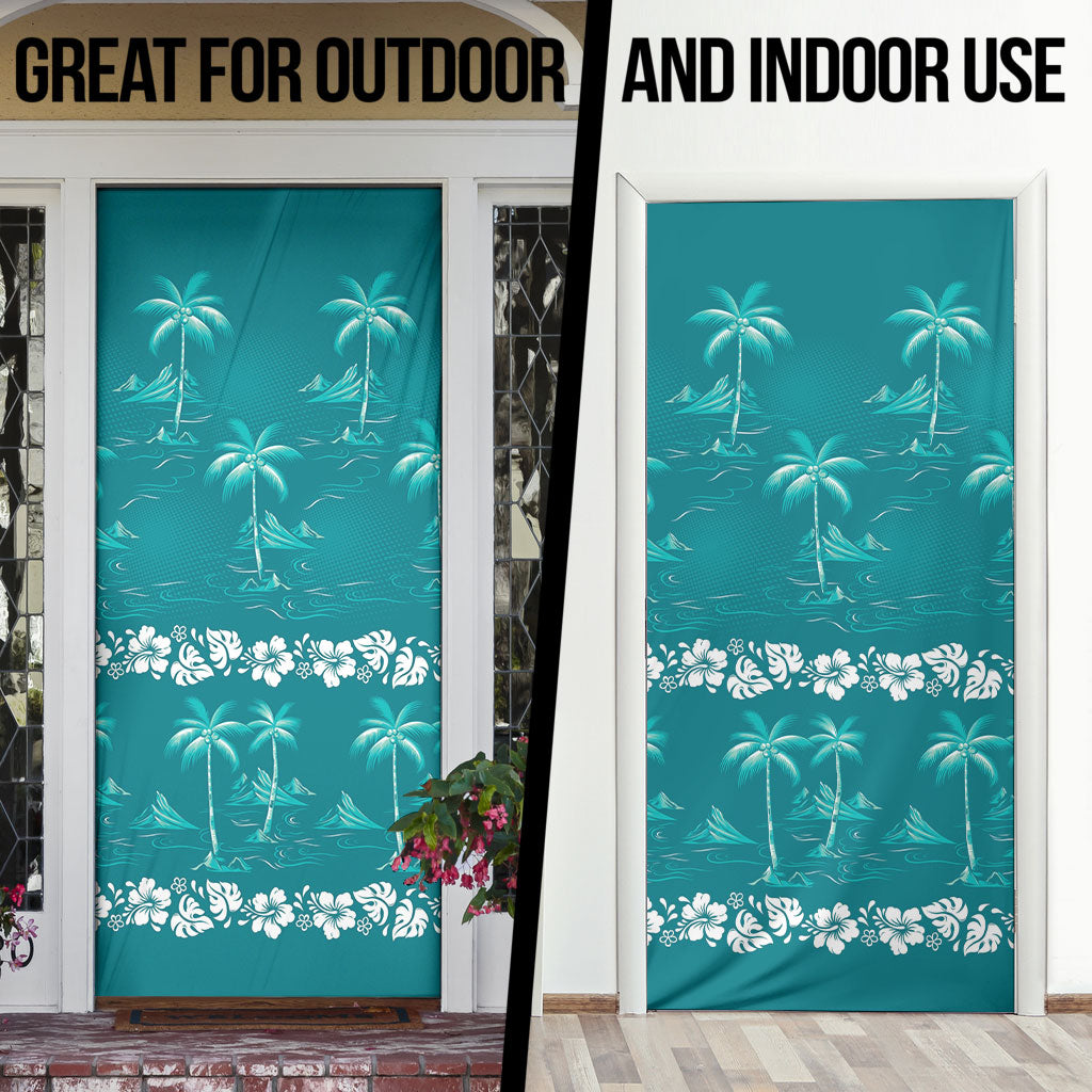 Cyan Hawaii Palm Tree Hibiscus Door Cover Fantasy Summer Vibe