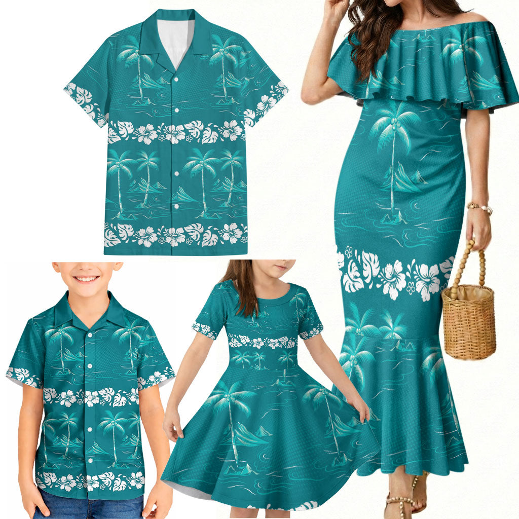 Cyan Hawaii Palm Tree Hibiscus Family Matching Mermaid Dress and Hawaiian Shirt Fantasy Summer Vibe LT01 - Polynesian Pride