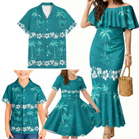 Cyan Hawaii Palm Tree Hibiscus Family Matching Mermaid Dress and Hawaiian Shirt Fantasy Summer Vibe LT01 - Polynesian Pride
