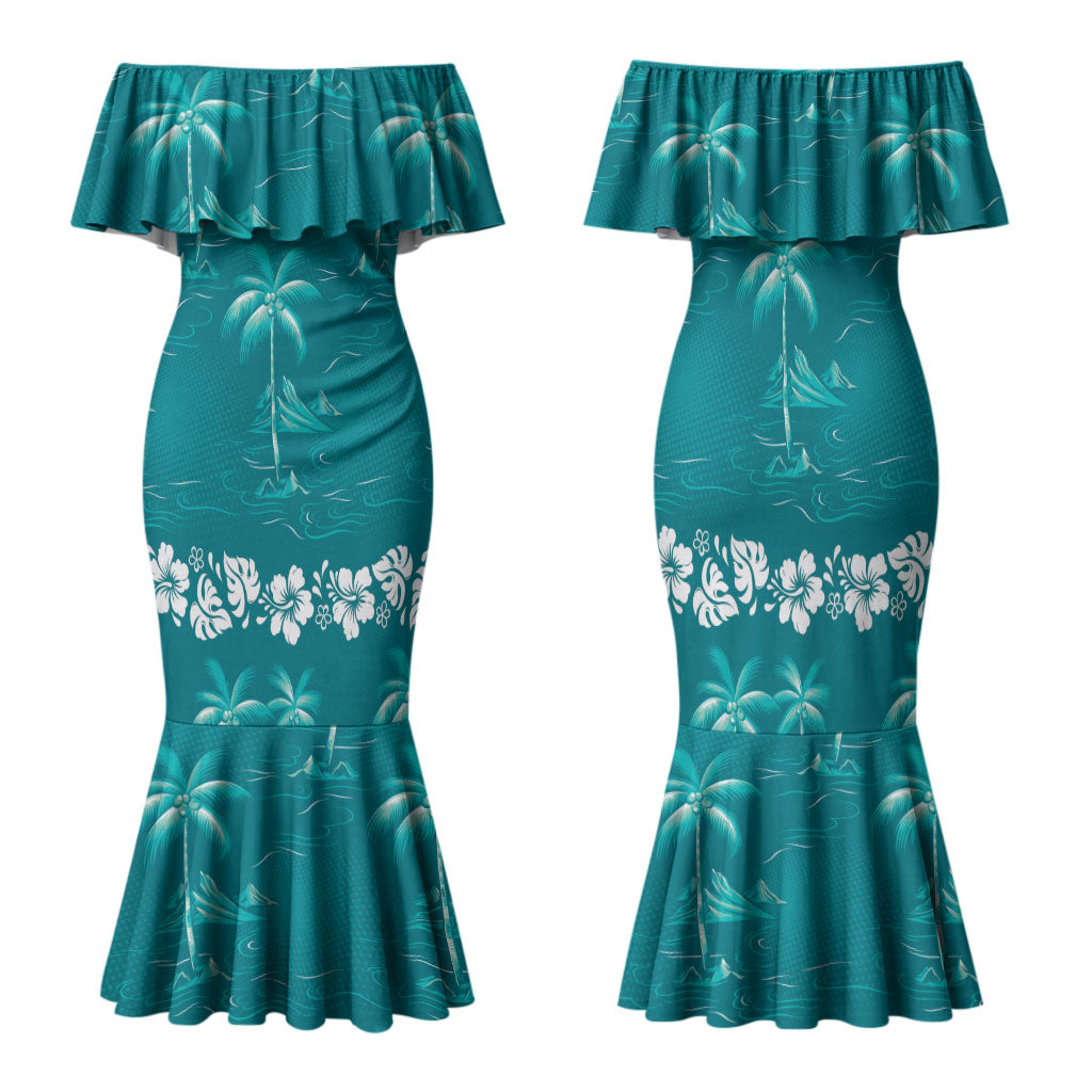 Cyan Hawaii Palm Tree Hibiscus Family Matching Mermaid Dress and Hawaiian Shirt Fantasy Summer Vibe LT01 Mom's Dress Cyan - Polynesian Pride