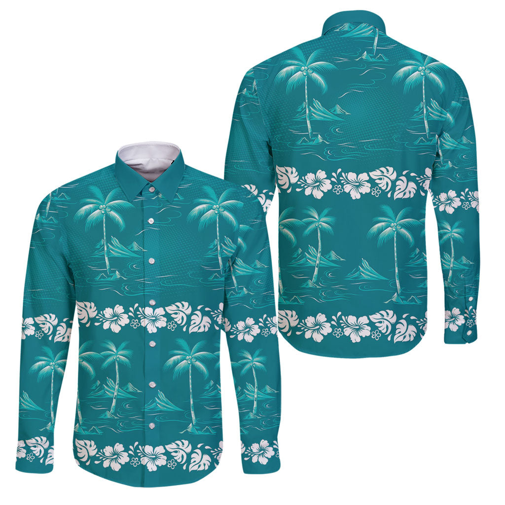 Cyan Hawaii Palm Tree Hibiscus Family Matching Mermaid Dress and Hawaiian Shirt Fantasy Summer Vibe LT01 Dad's Shirt - Long Sleeve Cyan - Polynesian Pride