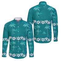 Cyan Hawaii Palm Tree Hibiscus Family Matching Mermaid Dress and Hawaiian Shirt Fantasy Summer Vibe LT01 Dad's Shirt - Long Sleeve Cyan - Polynesian Pride