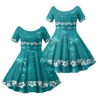 Cyan Hawaii Palm Tree Hibiscus Family Matching Mermaid Dress and Hawaiian Shirt Fantasy Summer Vibe LT01 Daughter's Dress Cyan - Polynesian Pride