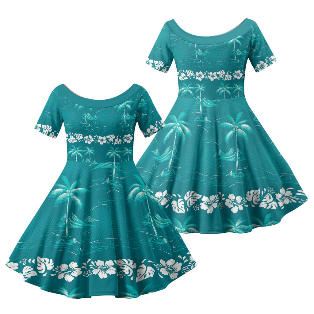 Cyan Hawaii Palm Tree Hibiscus Family Matching Off Shoulder Short Dress and Hawaiian Shirt Fantasy Summer Vibe LT01 Daughter's Dress Cyan - Polynesian Pride