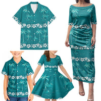 Cyan Hawaii Palm Tree Hibiscus Family Matching Puletasi and Hawaiian Shirt Fantasy Summer Vibe LT01 - Polynesian Pride