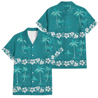 Cyan Hawaii Palm Tree Hibiscus Family Matching Puletasi and Hawaiian Shirt Fantasy Summer Vibe LT01 Dad's Shirt - Short Sleeve Cyan - Polynesian Pride