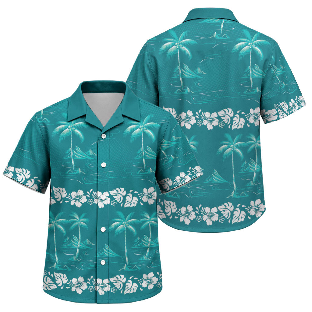Cyan Hawaii Palm Tree Hibiscus Family Matching Puletasi and Hawaiian Shirt Fantasy Summer Vibe LT01 Son's Shirt Cyan - Polynesian Pride