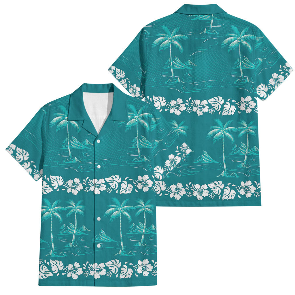 Cyan Hawaii Palm Tree Hibiscus Family Matching Summer Maxi Dress and Hawaiian Shirt Fantasy Summer Vibe LT01 Dad's Shirt - Short Sleeve Cyan - Polynesian Pride