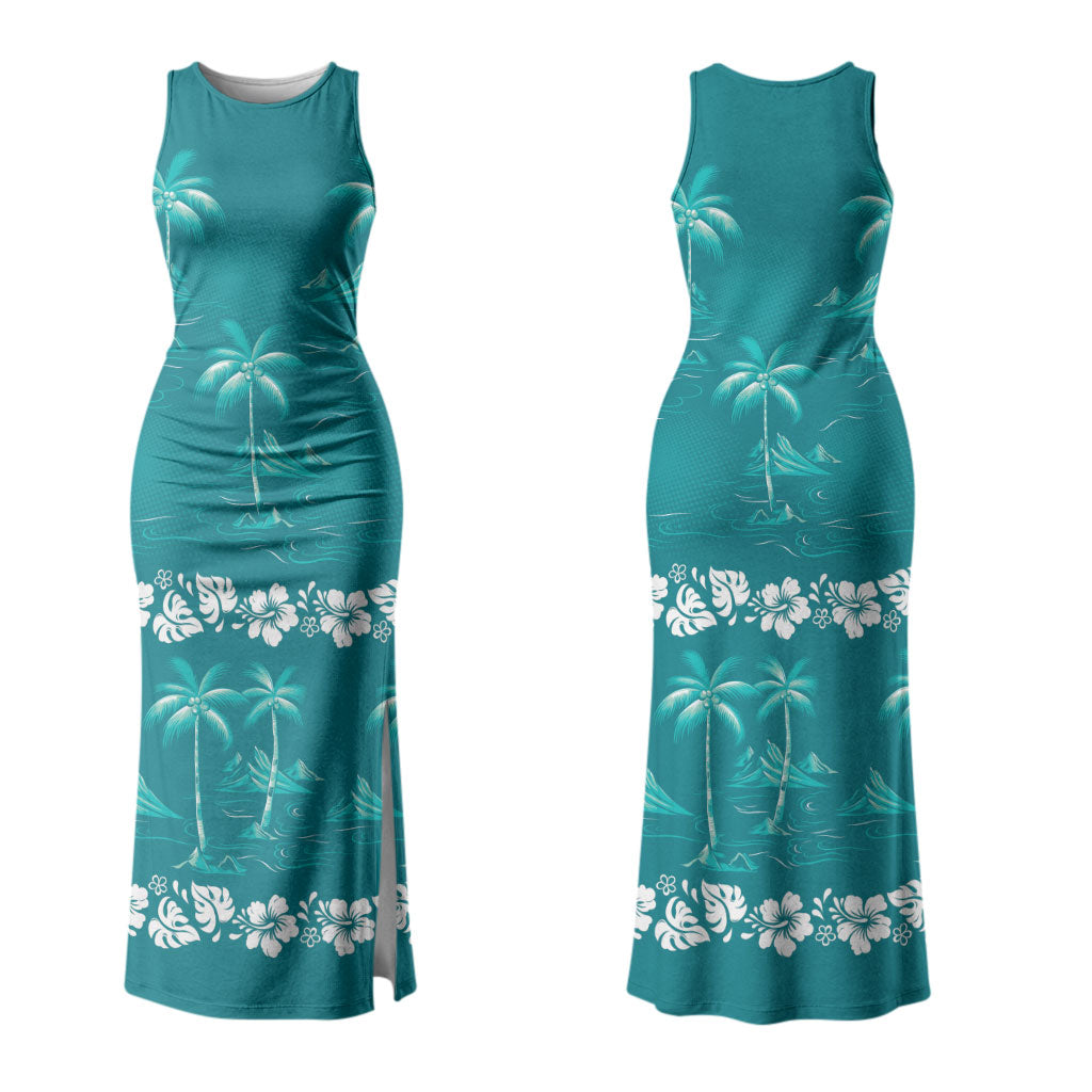 Cyan Hawaii Palm Tree Hibiscus Family Matching Tank Maxi Dress and Hawaiian Shirt Fantasy Summer Vibe LT01 Mom's Dress Cyan - Polynesian Pride