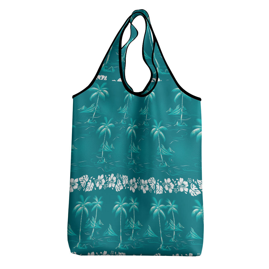 Cyan Hawaii Palm Tree Hibiscus Grocery Bag Fantasy Summer Vibe