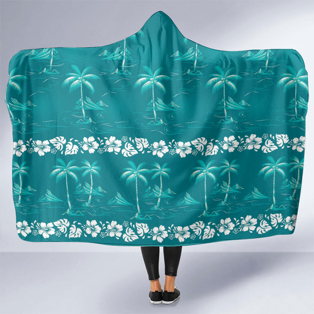 Cyan Hawaii Palm Tree Hibiscus Hooded Blanket Fantasy Summer Vibe