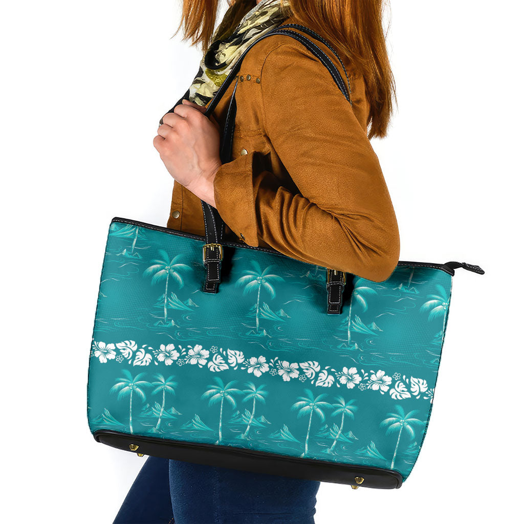 Cyan Hawaii Palm Tree Hibiscus Leather Tote Bag Fantasy Summer Vibe