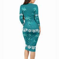 Cyan Hawaii Palm Tree Hibiscus Long Sleeve Bodycon Dress Fantasy Summer Vibe LT01 - Polynesian Pride