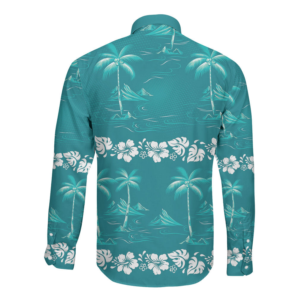 Cyan Hawaii Palm Tree Hibiscus Long Sleeve Button Shirt Fantasy Summer Vibe LT01 - Polynesian Pride