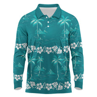 Cyan Hawaii Palm Tree Hibiscus Long Sleeve Polo Shirt Fantasy Summer Vibe LT01 Cyan - Polynesian Pride