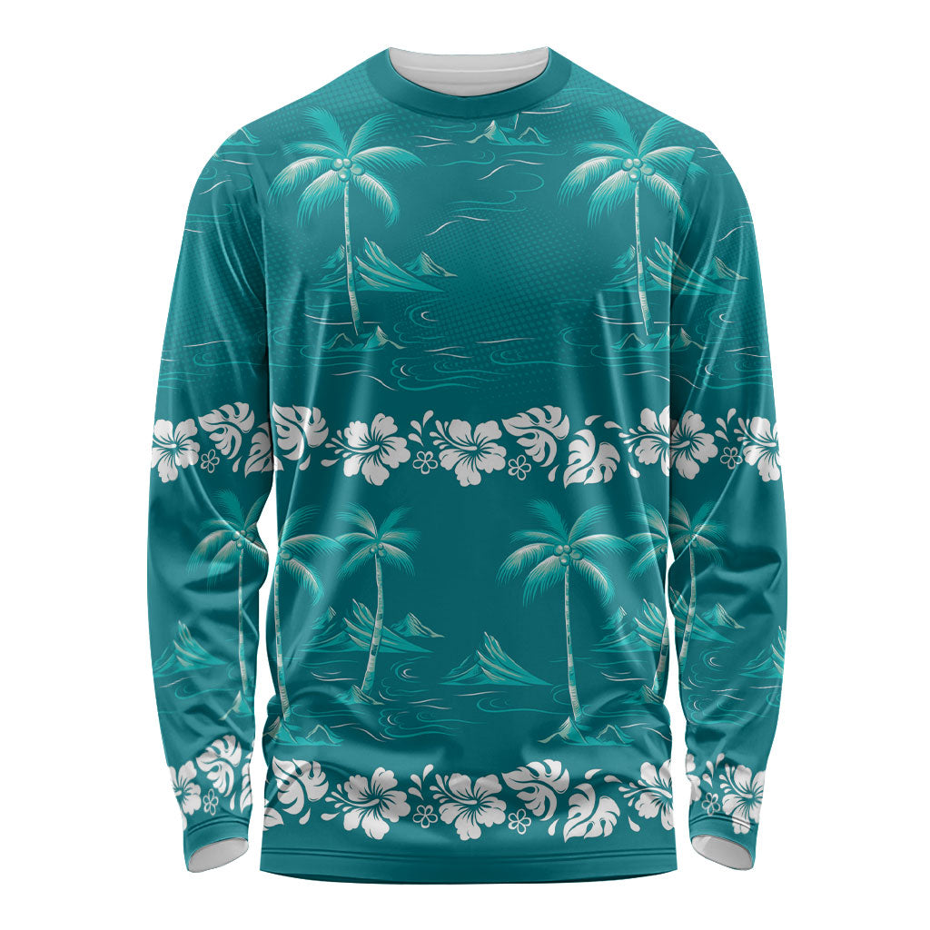 Cyan Hawaii Palm Tree Hibiscus Long Sleeve Shirt Fantasy Summer Vibe