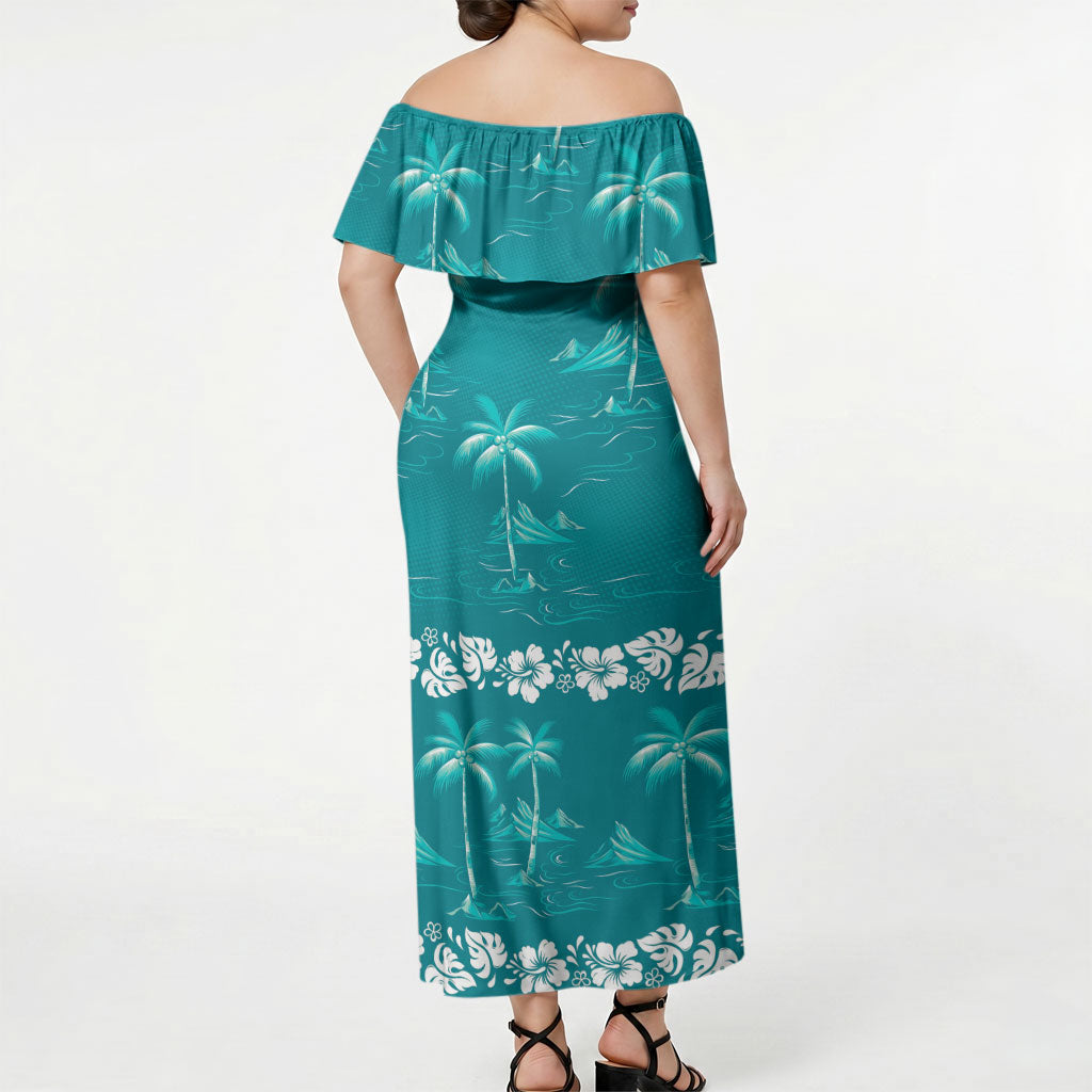 Cyan Hawaii Palm Tree Hibiscus Off Shoulder Maxi Dress Fantasy Summer Vibe LT01 - Polynesian Pride