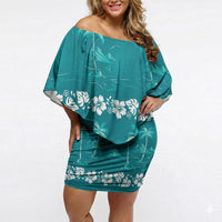 Cyan Hawaii Palm Tree Hibiscus Off Shoulder Short Dress Fantasy Summer Vibe