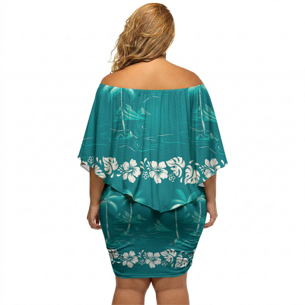 Cyan Hawaii Palm Tree Hibiscus Off Shoulder Short Dress Fantasy Summer Vibe