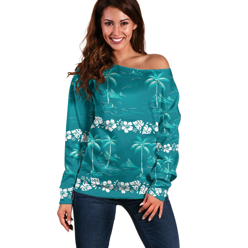 Cyan Hawaii Palm Tree Hibiscus Off Shoulder Sweater Fantasy Summer Vibe