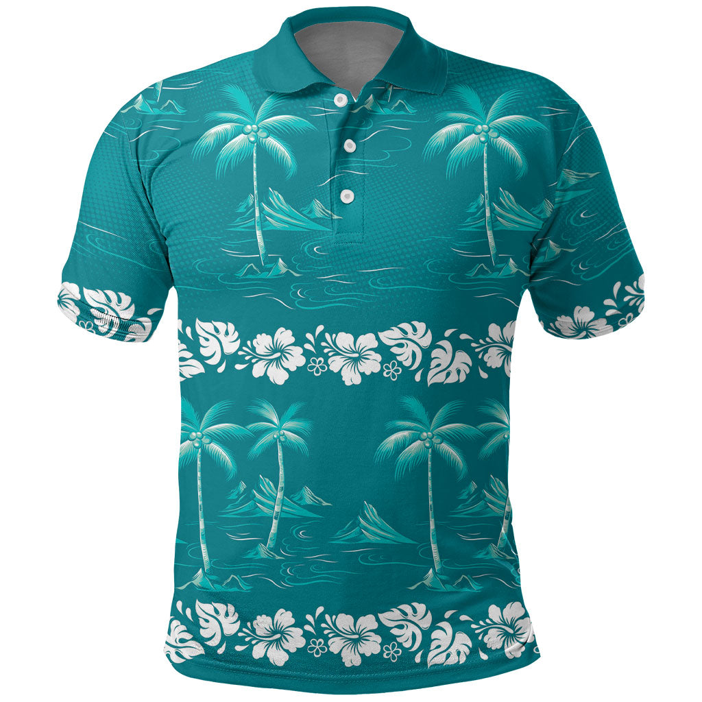 Cyan Hawaii Palm Tree Hibiscus Polo Shirt Fantasy Summer Vibe LT01 Cyan - Polynesian Pride