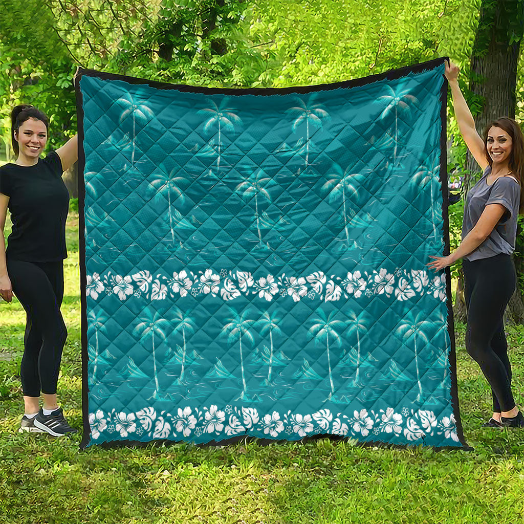 Cyan Hawaii Palm Tree Hibiscus Quilt Fantasy Summer Vibe