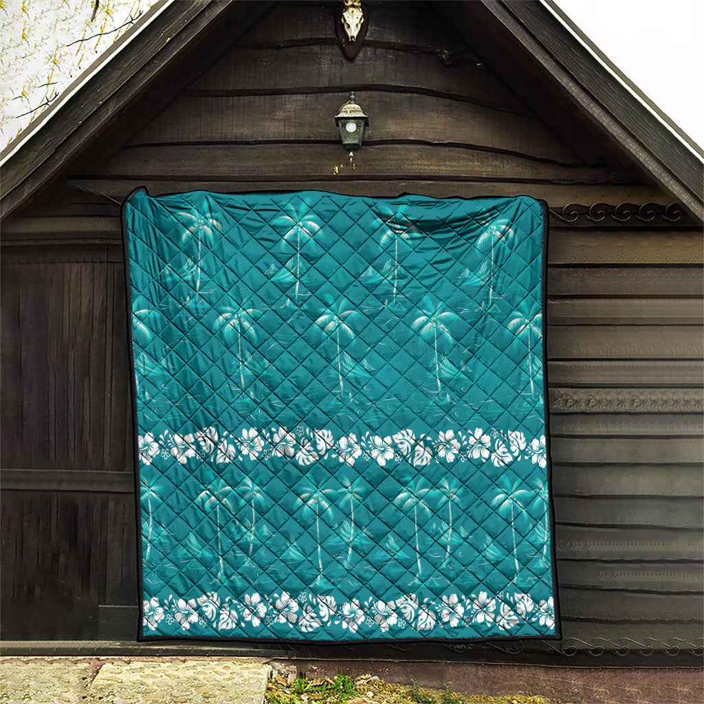 Cyan Hawaii Palm Tree Hibiscus Quilt Fantasy Summer Vibe