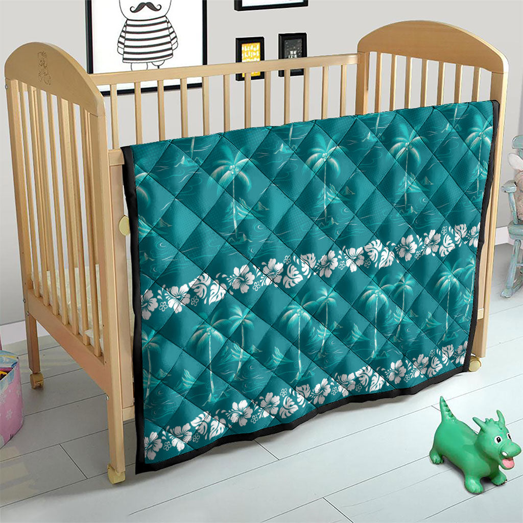 Cyan Hawaii Palm Tree Hibiscus Quilt Fantasy Summer Vibe