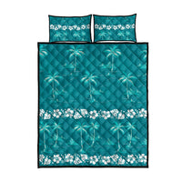 Cyan Hawaii Palm Tree Hibiscus Quilt Bed Set Fantasy Summer Vibe
