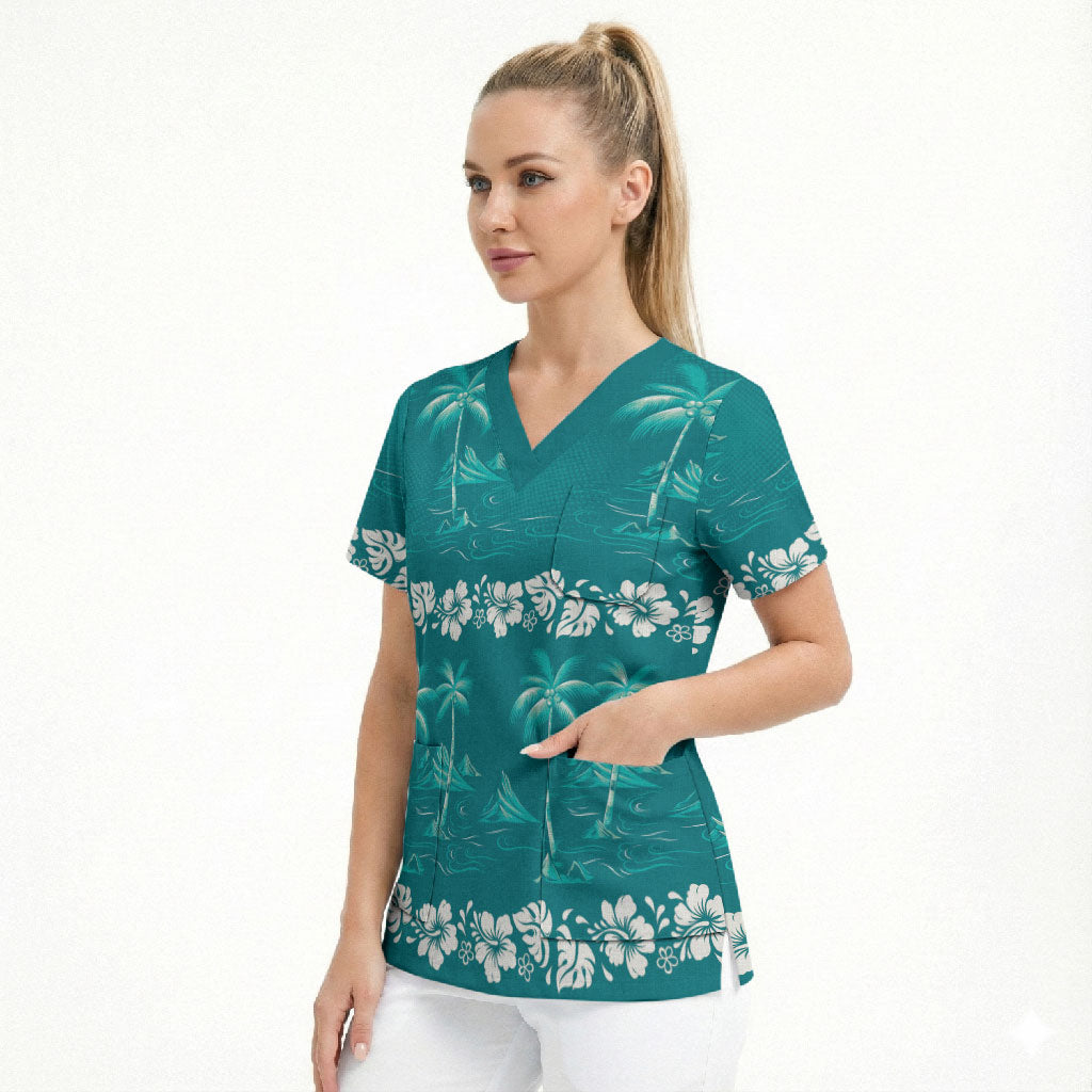 Cyan Hawaii Palm Tree Hibiscus Scrub Top Fantasy Summer Vibe LT01 - Polynesian Pride