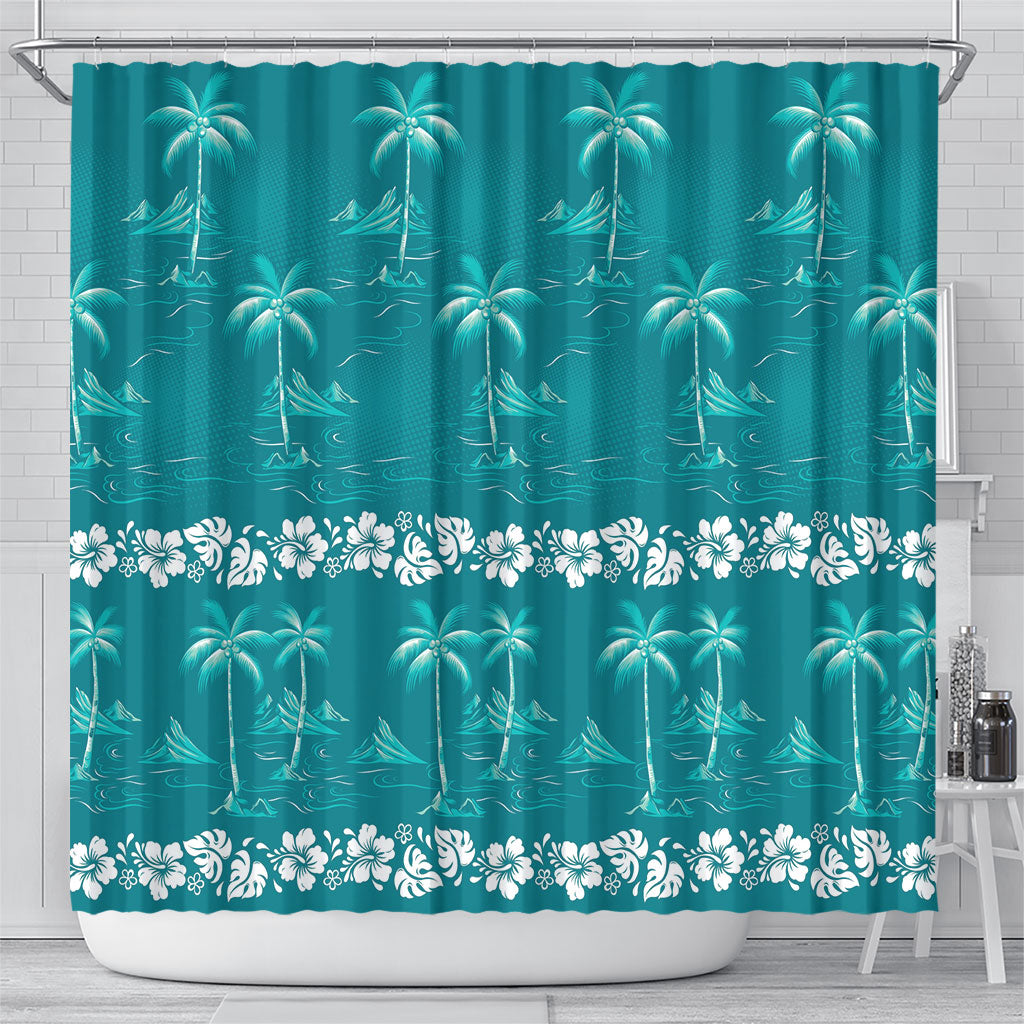 Cyan Hawaii Palm Tree Hibiscus Shower Curtain Fantasy Summer Vibe