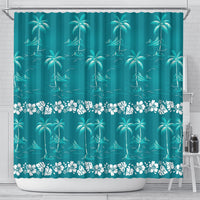 Cyan Hawaii Palm Tree Hibiscus Shower Curtain Fantasy Summer Vibe