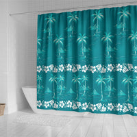 Cyan Hawaii Palm Tree Hibiscus Shower Curtain Fantasy Summer Vibe