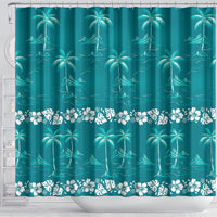 Cyan Hawaii Palm Tree Hibiscus Shower Curtain Fantasy Summer Vibe