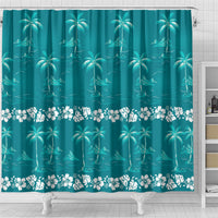 Cyan Hawaii Palm Tree Hibiscus Shower Curtain Fantasy Summer Vibe