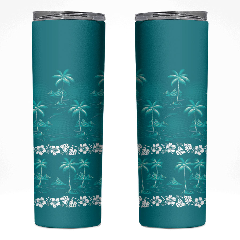 Cyan Hawaii Palm Tree Hibiscus Skinny Tumbler Fantasy Summer Vibe